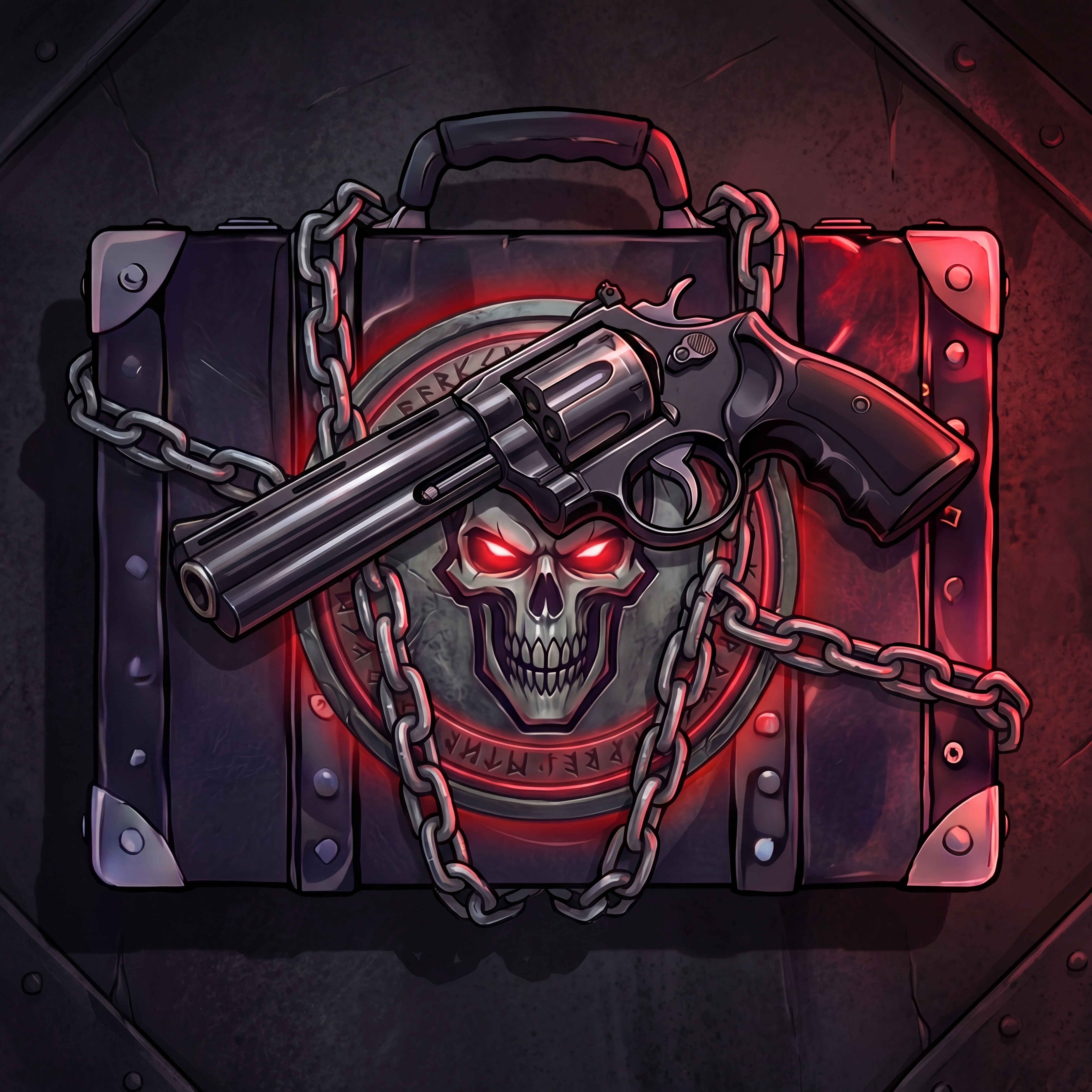 Games of Souls: Russian Roulette album cover by Exorcista — black briefcase, chains, skull, and a revolver