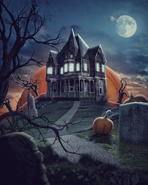 halloween, haunted house, graveyard, building, moon, full moon, gravestones, house, evening, night, scary, spooky, surreal, digital art, art, artwork, halloween, halloween, halloween, halloween, halloween, haunted house, haunted house