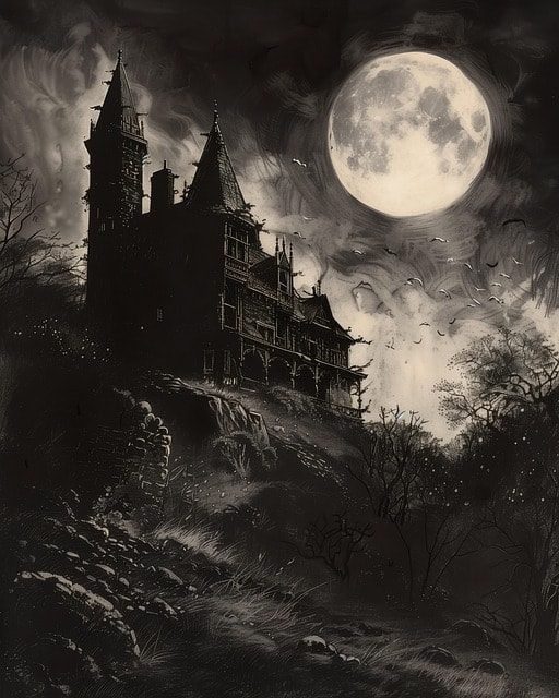dark, mysterious, haunted mansion, hilltop, eerie, spooky, gothic, creepy, atmospheric, haunted house, ghostly, abandoned, desolate, ominous, silhouette, moonlit, sinister, shadowy, gloomy, haunted castle, haunted estate, haunted house, haunted house, haunted house, haunted house, haunted house, haunted castle