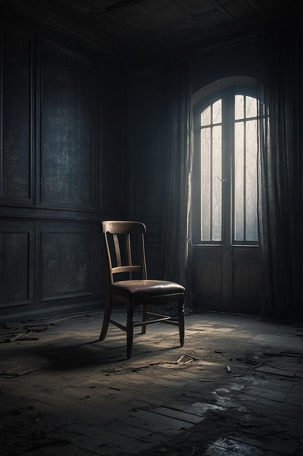 ai generated, chair, room, building, abandoned, window, architecture, ruins, background, haunted house, scary, gruesome, haunted house, haunted house, haunted house, haunted house, haunted house, gruesome