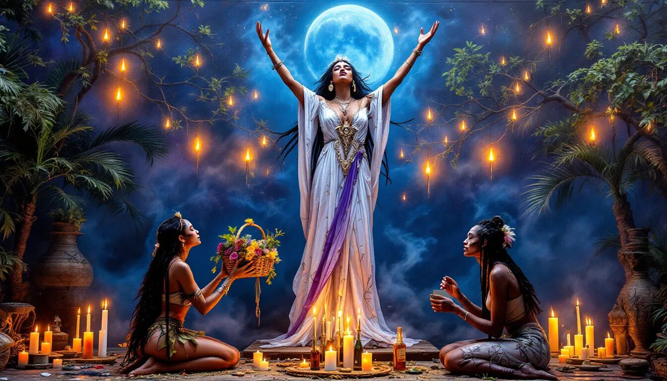 An illustration of a voodoo ritual being performed, highlighting the spiritual practices associated with Marie Laveau.