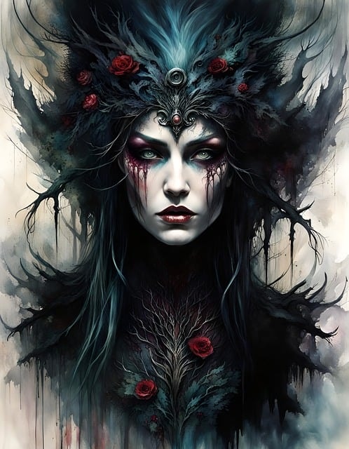 ai generated, woman, witch, gothic, gloomy, portrait, roses, malicious, fantasy, witch, witch, witch, witch, witch, gothic