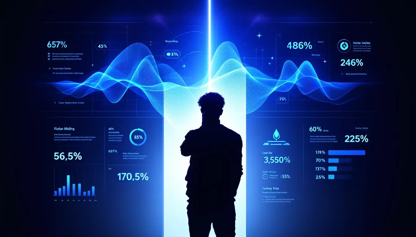 The image features a split-screen infographic with the top half displaying a REM brainwave chart, while the bottom half shows a silhouetted figure standing in a doorway, surrounded by neon data overlays. This composition evokes themes of sleep, shadowy figures, and the perception of reality, hinting at concepts like sleep paralysis and the presence of shadow people.