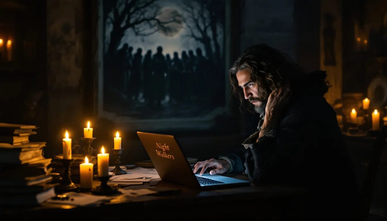 The image depicts a historian's desk illuminated by candlelight, featuring a 17th-century etching of shadowy figures known as 'night walkers,' alongside an open laptop displaying a modern Reddit thread. The contrast of historical and contemporary elements creates an intriguing atmosphere, suggesting a blend of folklore and modern discussions.