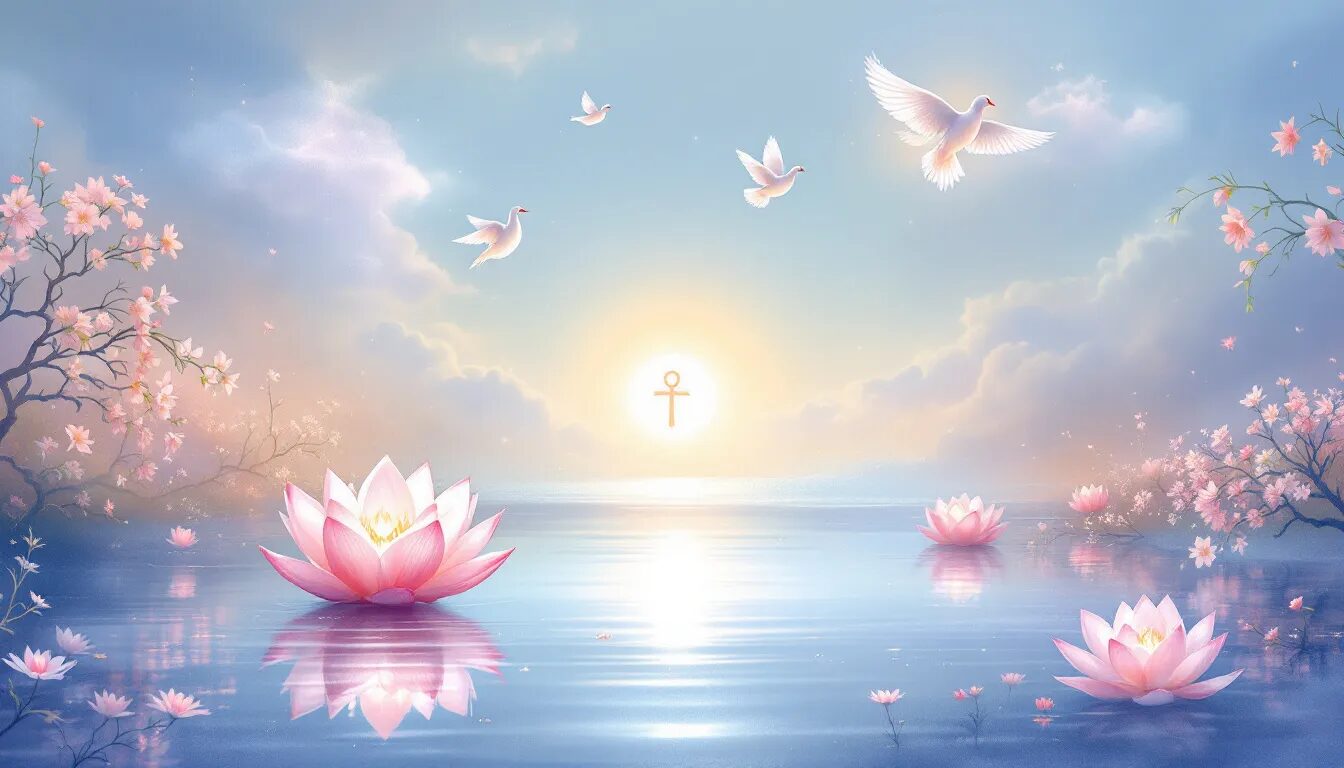 A depiction of various religious symbols related to the afterlife.