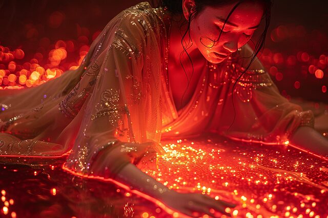 ai generated, woman, red, glow, glitter, mysterious, magic, dream, fantasy