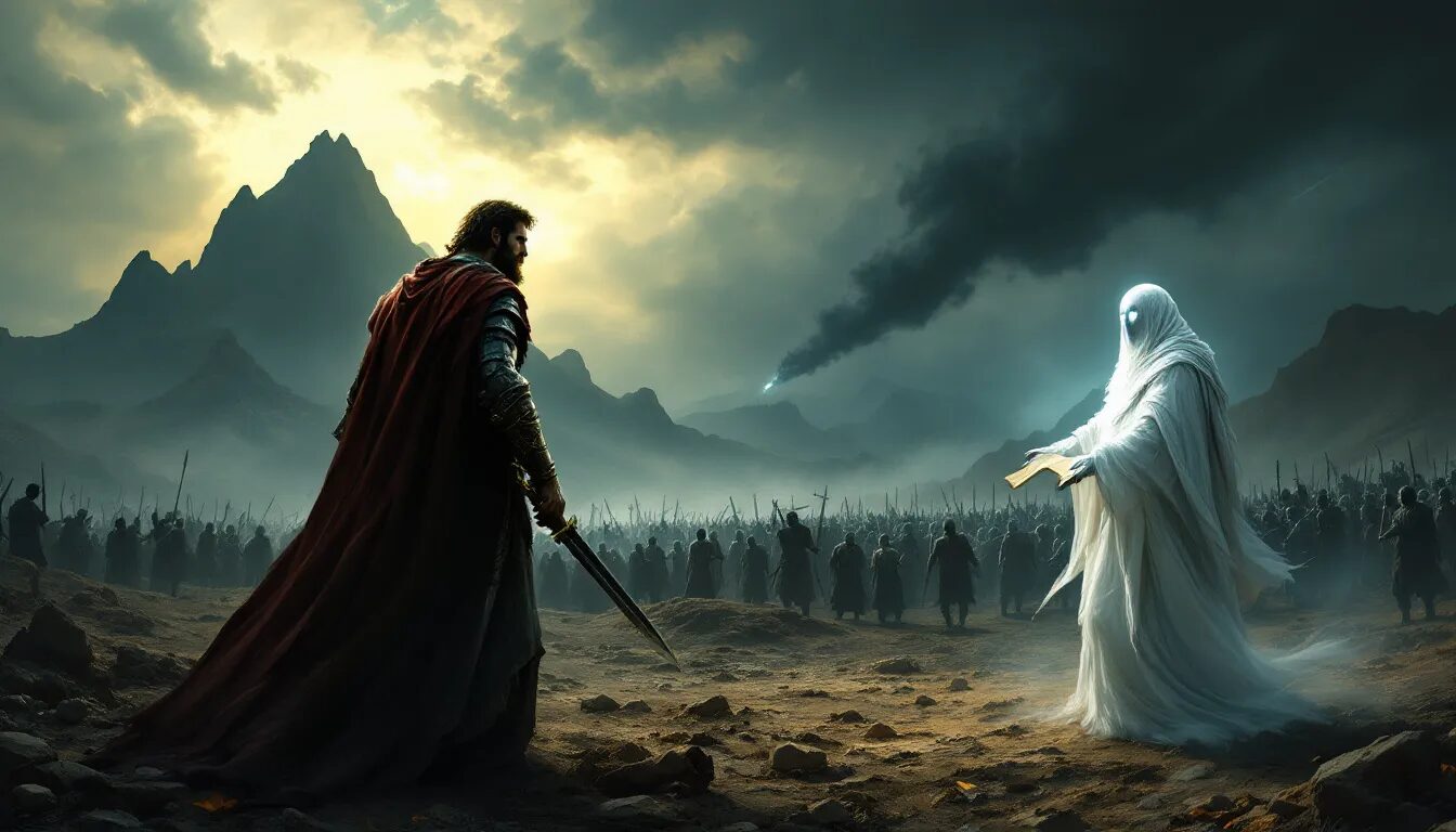 An illustration depicting the downfall of King Saul, showcasing the consequences of his actions.