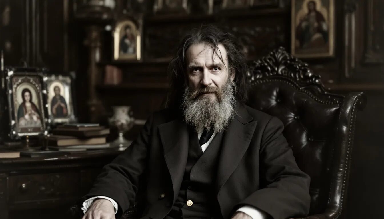 In this image, Grigori Rasputin, a controversial figure in Russian history, is depicted as a mysterious holy man with a long beard, dressed in traditional Russian attire, surrounded by symbols of biblical prophecy and the tumultuous events leading to the Russian Revolution. His influence on the imperial family, particularly Tsar Nicholas II and Empress Alexandra, is palpable, reflecting the tensions within Russian society during World War I.