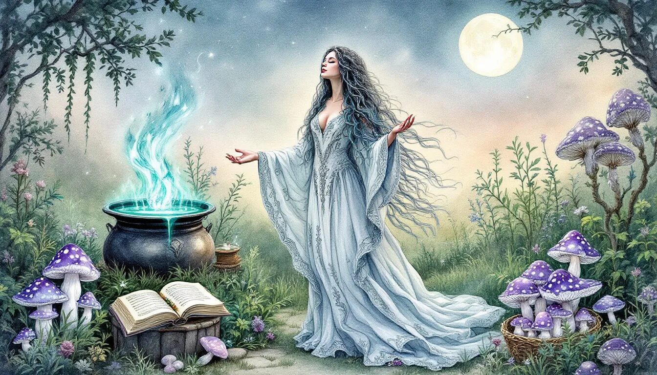 A witch casting a spell with various magical ingredients and tools.