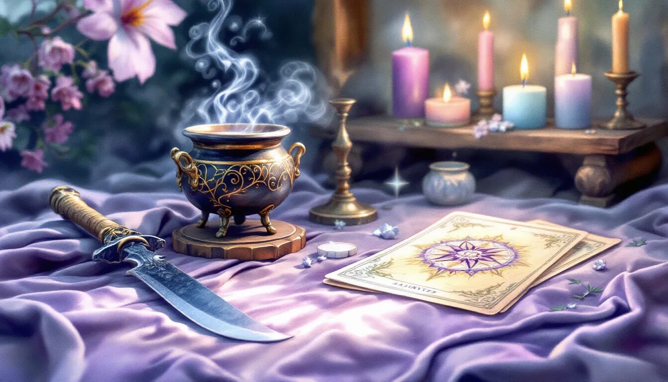 Common ritual tools and symbols used in witchcraft, representing various practices.