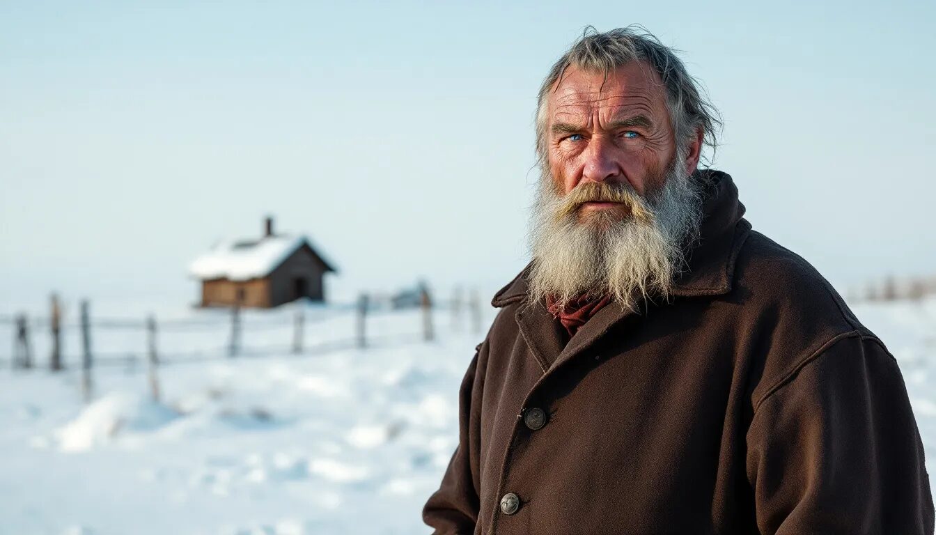 In the image, a Siberian peasant is depicted in traditional clothing, surrounded by the vast, snow-covered landscape of Russia. The scene captures the essence of rural life during the time of the Russian Empire, reflecting the struggles and resilience of the Russian people amidst the backdrop of historical events like the Russian Revolution and the influence of figures such as Grigori Rasputin.